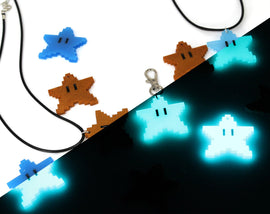 Mario 8bit Power Star Glow in the Dark Keychain/Necklace - Super Mario Bros -Nintendo/Mario Gift