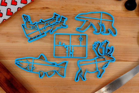 Alaska Cookie Cutters - Alaska State Outline, Alaska State Flag, Polar Bear, Caribou, Sled Dog- AK Gift Idea