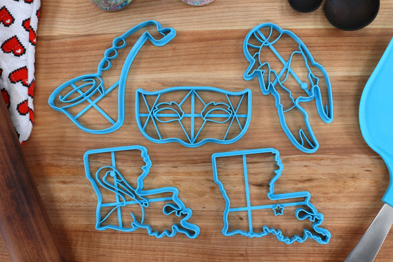 Louisianna Cookie Cutters - Louisianna Outline, Mardi Gras Mask, Crawfish, Saxophone - Louisianna State Fan