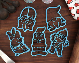 Gnarly Gnomes Cookie Cutters, Set 1 - Beach Gnome, Gnome Face, Handstand Gnome, Short Gnome, Standing Gnome - You've been Gnomed!