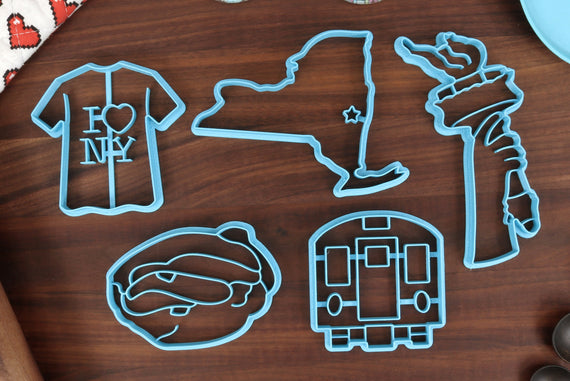 New York Cookie Cutters - New York State Outline, Eggs Benedict, I Love NY Shirt, Lady Liberty Torch, Subway Train - NY Gift Idea