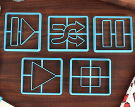 Technology Symbols Cookie Cutters, Set 2 - Eject Button, Pause Button, Play Button, Shuffle Button, Stop Button - More Internet Icons